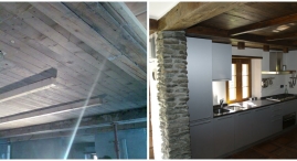 Il soffitto in legno era anche pavimento del primo piano. Dopo un accurato lavoro di restauro del soffitto e' stata creata una soletta di cemento armato per il primo piano con adeguata coibentazione termica ed acustica 